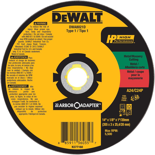 High Performance Cutting Wheel for Circular Saws, 14" x 1/8" Arbor, Aluminum Oxide Sécurité Médic