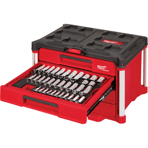 242-Piece 1/4”, 3/8” & 1/2” Drive Metric & SAE Ratchet & Socket Set with PACKOUT 4-Drawer Tool Box, 16-3/10" x 22-1/5" x 14-3/10", Black/Red Sécurité Médic