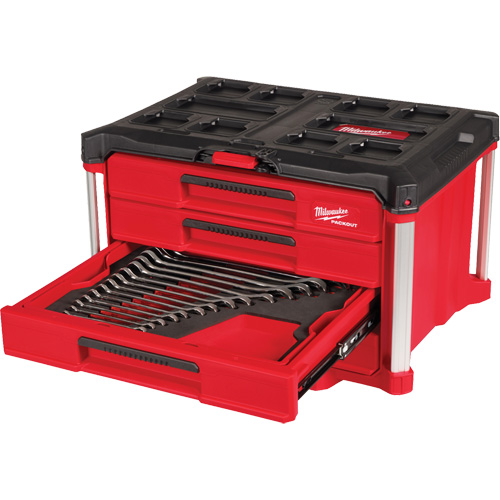 60-Piece Metric & SAE Combination Wrench Set with PACKOUT 4 Drawer Tool Box, 16-3/10" x 22-1/5" x 14-3/10", Black/Red Sécurité Médic
