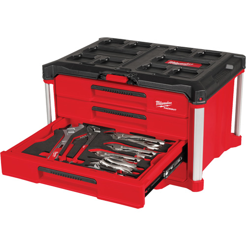 64-Piece Hand Tool Set with PACKOUT 4 Drawer Tool Box, 16-3/10" x 22-1/5" x 14-3/10", Black/Red Sécurité Médic