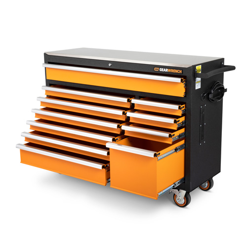 Rolling Tool Cabinet with Stainless Steel Worktop, 11 Drawers, 52" W x 18" D x 36" H, Black/Orange Sécurité Médic