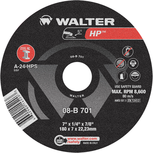 HP Depressed Center Grinding Wheel, 7" x 1/4", 7/8" Arbor, Type 28 Sécurité Médic