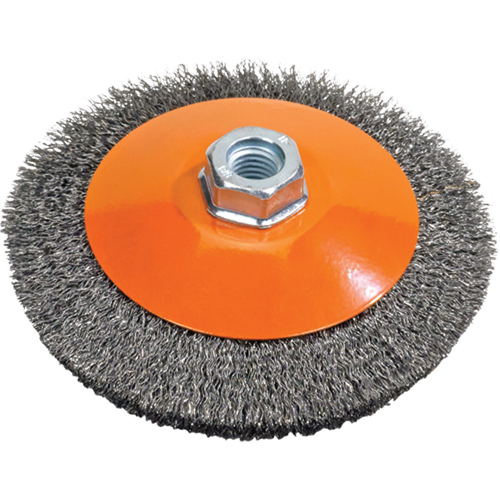 Brosse soucoupe &agrave; fils nou&eacute;s torsad&eacute;s, Dia. 5", Fils 0,02", Arbre 5/8"-11, Acier Sécurité Médic