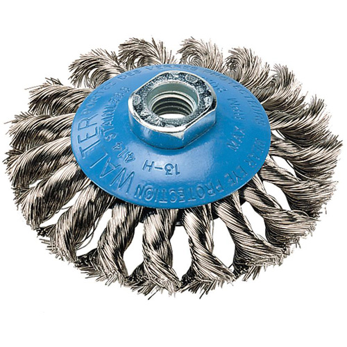 Knot-Twisted Saucer Cup Wire Wheel, 5" Dia., 0.02" Fill, 5/8"-11 Arbor, Aluminum/Stainless Steel Sécurité Médic