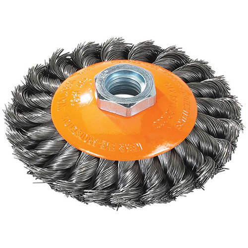 Knot-Twisted Saucer Cup Wire Wheel, 7" Dia., 0.02" Fill, 5/8"-11 Arbor, Steel Sécurité Médic