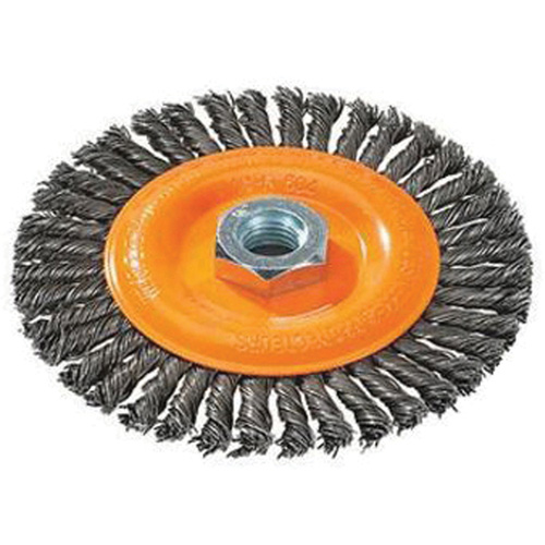 Brosse &agrave; fils nou&eacute;s pour cordons de soudure, Dia. 4", Fils 0,02", Arbre 5/8"-11, Acier Sécurité Médic