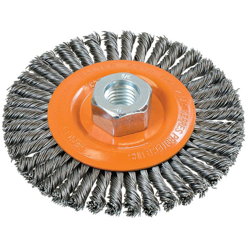 Brosse &agrave; fils nou&eacute;s pour cordons de soudure, Dia. 4-1/2", Fils 0,02", Arbre 5/8"-11, Acier Sécurité Médic