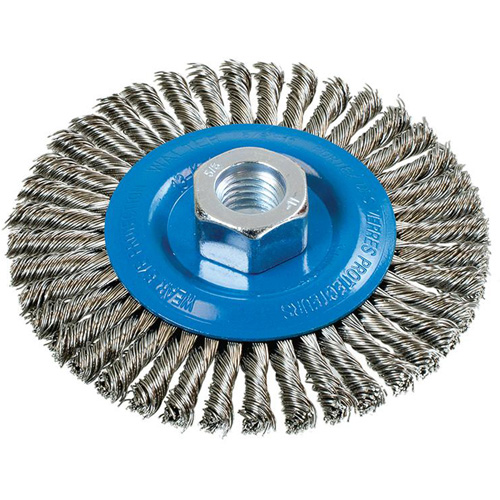 Stringer Bead Knotted Wire Brush, 4-1/2" Dia., 0.02" Fill, 5/8"-11 Arbor, Aluminum/Stainless Steel Sécurité Médic