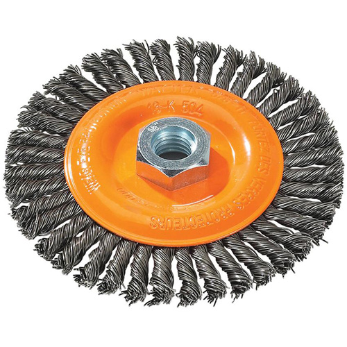 Stringer Bead Knotted Wire Brush, 5" Dia., 0.02" Fill, 5/8"-11 Arbor, Steel Sécurité Médic
