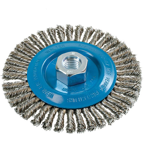 Brosse &agrave; fils &eacute;troits nou&eacute;s et torsad&eacute;s, Dia. 5", Fils 0,02", Arbre 5/8"-11, Aluminium/Acier inoxydable Sécurité Médic