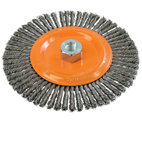 Brosse &agrave; fils nou&eacute;s pour cordons de soudure, Dia. 6-7/8'', Fils 0,02", Arbre 5/8"-11, Acier Sécurité Médic