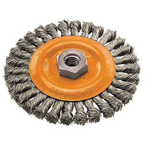 Wide Knotted Wire Wheel Brush, 4" Dia., 0.02" Fill, 5/8"-11 Arbor, Steel Sécurité Médic