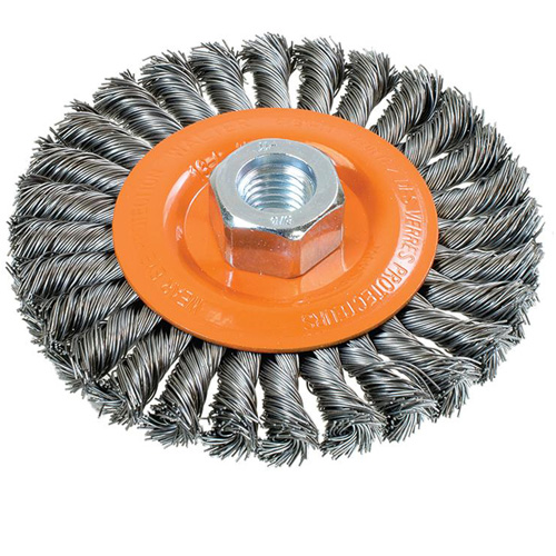 Wide Knotted Wire Wheel Brush, 4-1/2" Dia., 0.02" Fill, 5/8"-11 Arbor, Steel Sécurité Médic