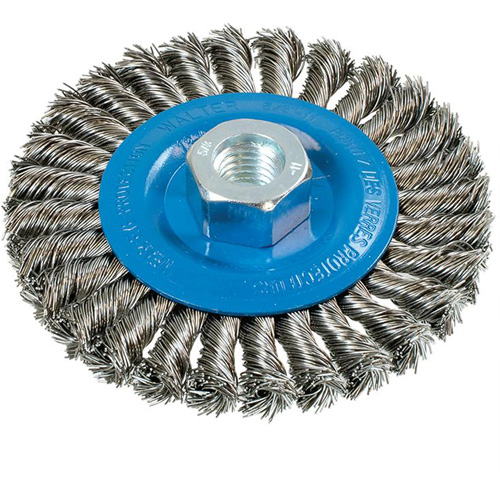 Wide Knotted Wire Wheel Brush, 4-1/2" Dia., 0.02" Fill, 5/8"-11 Arbor, Aluminum/Stainless Steel Sécurité Médic