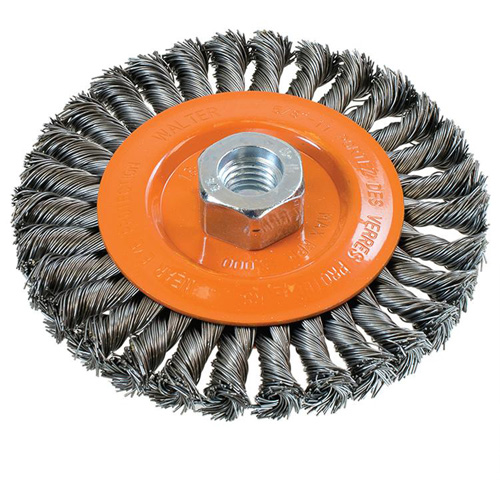 Brosse rotative &agrave; fils nou&eacute;s large, Dia. 5", Fils 0,02", Arbre 5/8"-11, Acier Sécurité Médic