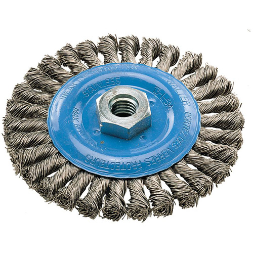 Brosse rotative &agrave; fils nou&eacute;s large, Dia. 5", Fils 0,02", Arbre 5/8"-11, Aluminium/Acier inoxydable Sécurité Médic