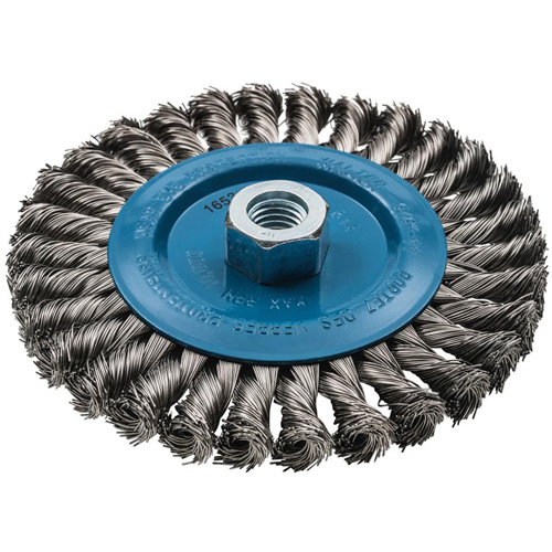 Wide Knotted Wire Wheel Brush, 6" Dia., 0.02" Fill, 5/8"-11 Arbor, Aluminum/Stainless Steel Sécurité Médic