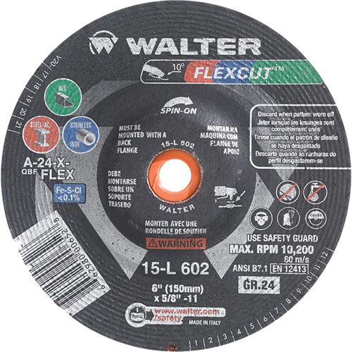 Flexcut Depressed Centre Grinding Wheels, 6", 60 Grit, Aluminum Oxide, 5/8"-11, 10200 RPM, Type 29 Sécurité Médic