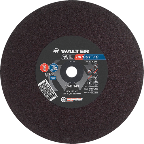 Ripcut Stainless Steel & Steel Cut-Off Wheel for Stationary Saws, 14" x 1/8", 1" Arbor, Type 1, Aluminum Oxide, 4400 RPM Sécurité Médic