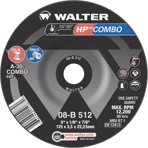 Meule combin&eacute;e HP Combo &agrave; moyeu d&eacute;port&eacute;, 5" x 1/8", Arbre de 7/8", Type 27 Sécurité Médic