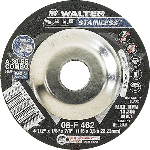 Depressed Centre Grinding Wheels - Stainless Type 27, 4-1/2" x 1/8", 7/8" Arbor, Type 27 Sécurité Médic