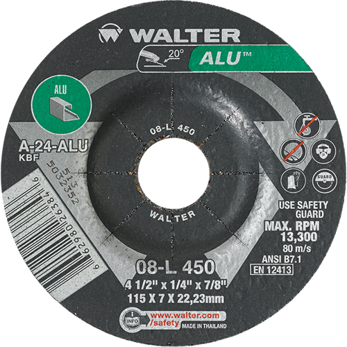 Aluminium Depressed Centre Grinding Wheels, 4-1/2" x 1/4", 7/8" Arbor, Type 27 Sécurité Médic