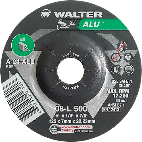 Aluminium Depressed Centre Grinding Wheels, 5" x 1/4", 7/8" Arbor, Type 27 Sécurité Médic