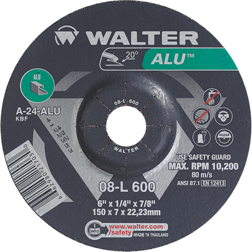 Aluminium Depressed Centre Grinding Wheels, 6" x 1/4", 7/8" Arbor, Type 27 Sécurité Médic