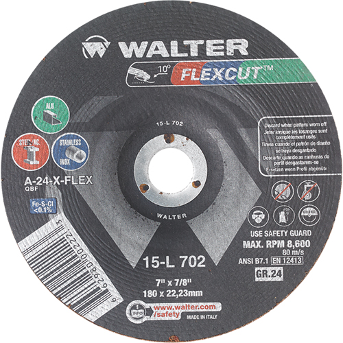 Meules &agrave; moyeu d&eacute;port&eacute; Flexcut, 7", 24 Grain, Oxyde d'aluminium, 7/8", 8600 Tr/min, Type 29 Sécurité Médic
