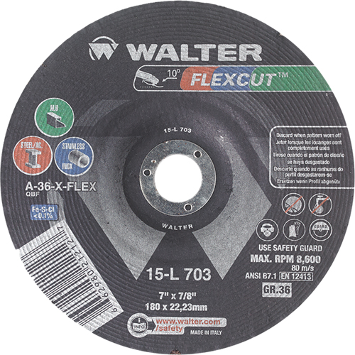 Flexcut Depressed Centre Grinding Wheels, 7", 36 Grit, Aluminum Oxide, 7/8", 8600 RPM, Type 29 Sécurité Médic