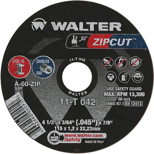 Zipcut Cut-Off Wheel, 4-1/2" x 3/64", 7/8" Arbor, Type 1, Aluminum Oxide, 13300 RPM Sécurité Médic