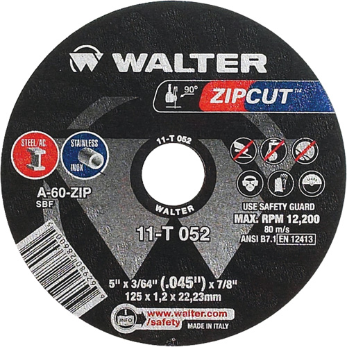 Zipcut Cut-Off Wheel, 5" x 3/64", 7/8" Arbor, Type 1, Aluminum Oxide, 12200 RPM Sécurité Médic