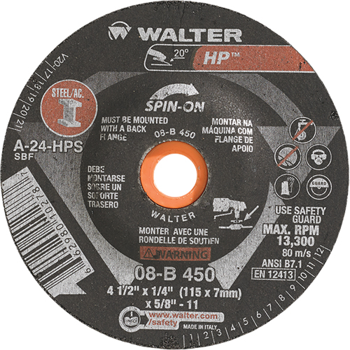 HP Spin-On Grinding Wheel, 4-1/2" x 1/4", 5/8"-11 Arbor, Type 27S Sécurité Médic