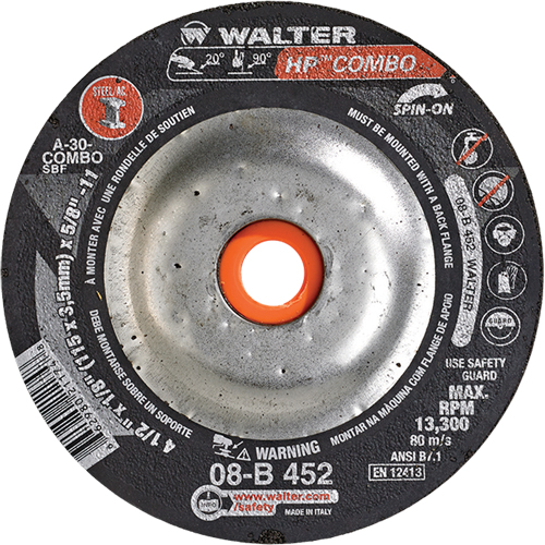 HP Combo Spin-On Combination Wheel, 4-1/2" x 1/8", 5/8"-11 Arbor, Type 27S Sécurité Médic