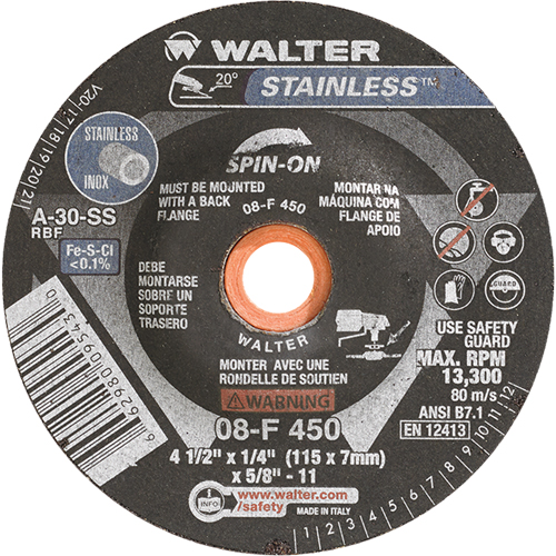 Depressed Centre Grinding Wheels - Stainless Type 27, 4-1/2" x 1/4", 5/8"-11 Arbor, Type 27S Sécurité Médic