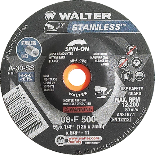 Depressed Centre Grinding Wheels - Stainless Type 27, 5" x 1/4", 5/8"-11 Arbor, Type 27S Sécurité Médic