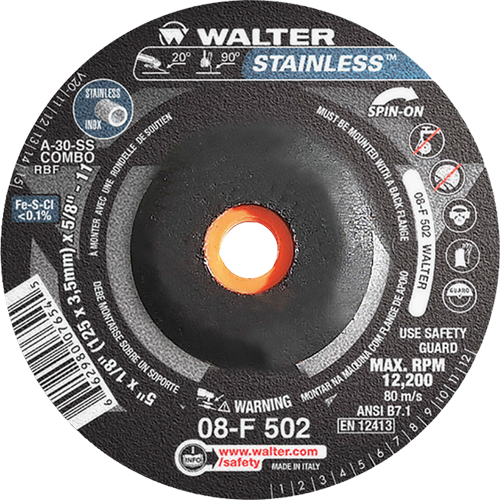 Depressed Centre Grinding Wheels - Stainless Type 27, 5" x 1/8", 5/8"-11 Arbor, Type 27S Sécurité Médic