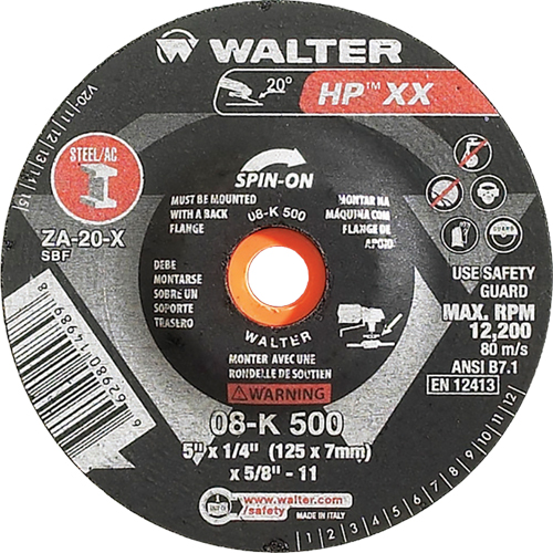 Double-X Depressed Centre Grinding Wheel, 5" x 1/4", 5/8"-11 Arbor, Type 27S Sécurité Médic