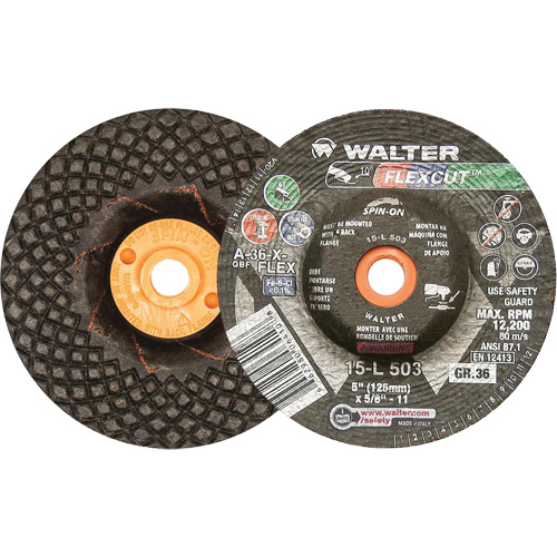 Flexcut Depressed Centre Grinding Wheels, 5", 36 Grit, Aluminum Oxide, 5/8"-11, 12200 RPM, Type 29 Sécurité Médic