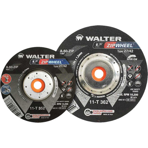 Meules &agrave; tronçonner renforc&eacute;es Zipcut vissables pour scies circulaires, 5" x 7/8", Arbre de 5/8"-11, Type 27, Oxyde d'aluminium, 12 200 Tr/min Sécurité Médic