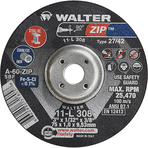 Disque de meulage et de tronçonnage Zip, 3" x 1/13", Arbre de 3/8", Type 27, Grain de 60, Oxyde d'aluminium Sécurité Médic