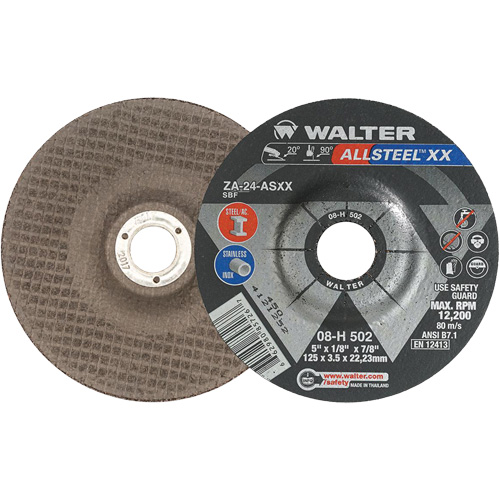 Depressed Centre Grinding Wheels - ALLSTEEL XX, 5" x 1/8", 7/8" Arbor, Type 27, Zirconia Alumina, 12200 RPM Sécurité Médic