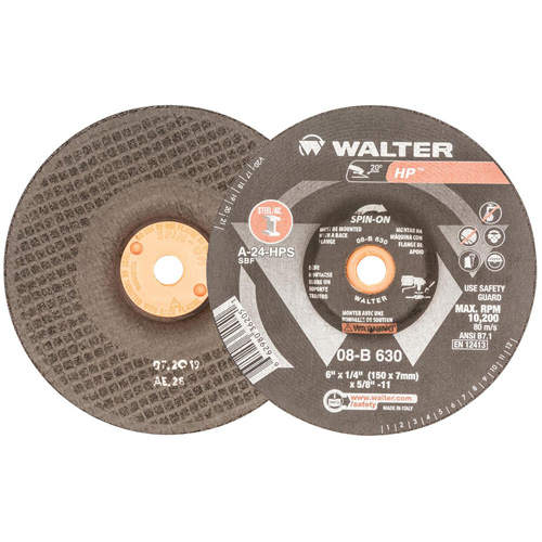 Disque de meulage et tronçonnage HP, 6" x 1/4", Arbre 5/8"-11, Oxyde d'aluminium, Type 27 Sécurité Médic