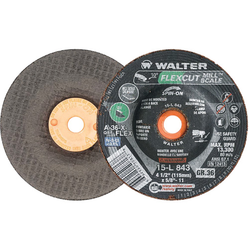 FLEXCUT MILL SCALE Grinding Wheel, 4-1/2", 36 Grit, Aluminum Oxide, 5/8"-11, 13300 RPM, Type 29 Sécurité Médic