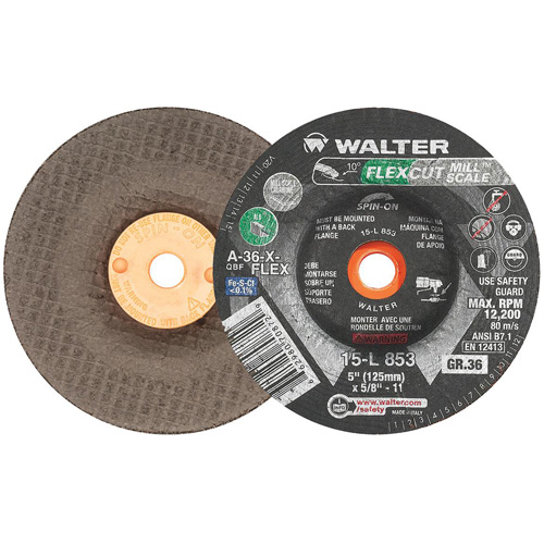 FLEXCUT MILL SCALE Grinding Wheel, 5", 36 Grit, Aluminum Oxide, 5/8"-11, 12200 RPM, Type 29 Sécurité Médic