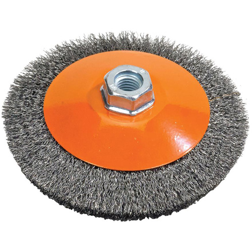 Saucer Crimped Wire Wheel, 6" Dia., 0.012" Fill, 5/8"-11 Arbor Sécurité Médic