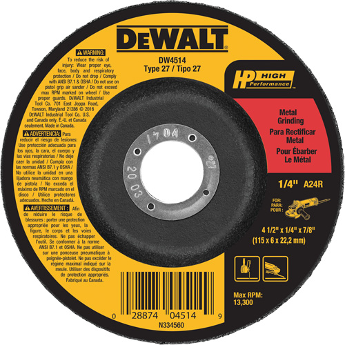 High Performance Metal Grinding Wheel, 4-1/2" x 1/4", 7/8" Arbor, Aluminum Oxide, Type 27 Sécurité Médic