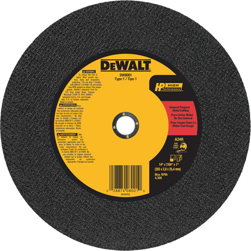 General Purpose Metal Cutting Chop Saw Wheel, 14" x 7/64", 1" Arbor, Type 1, Aluminum Oxide, 4300 RPM Sécurité Médic