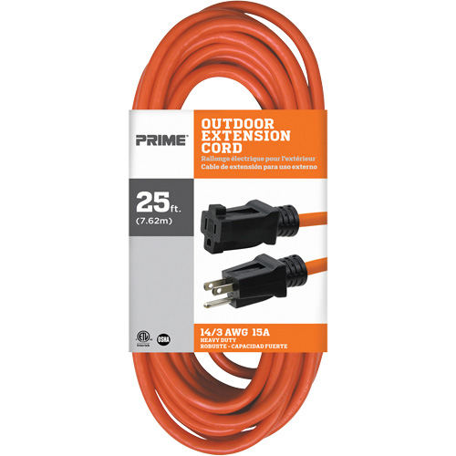 Vinyl Extension Cord, Outdoor, SJTW, 14/3 AWG, 15 A, 25' Sécurité Médic