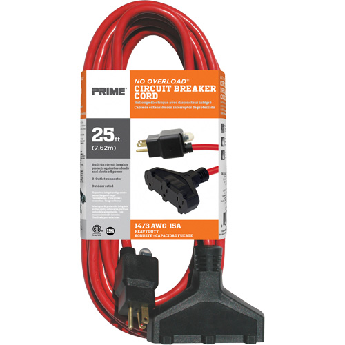 Vinyl Extension Cord, Outdoor, SJTW, 14/3 AWG, 15 A, 3 Outlet(s), 25' Sécurité Médic